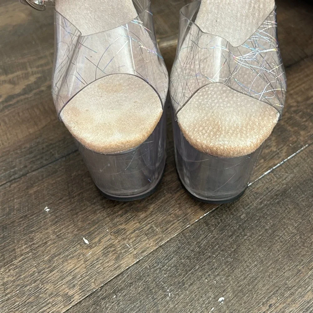 Dream's Clear Holographic Platform Sandals Ankle Strap Exotic Dance Heels Size 8